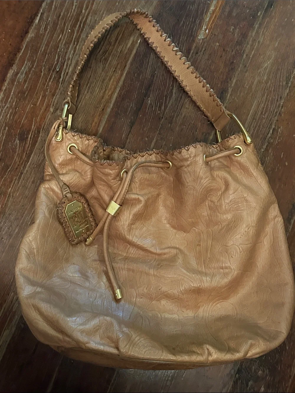 Ralph Lauren Tan Embossed Leather Drawstring Hobo